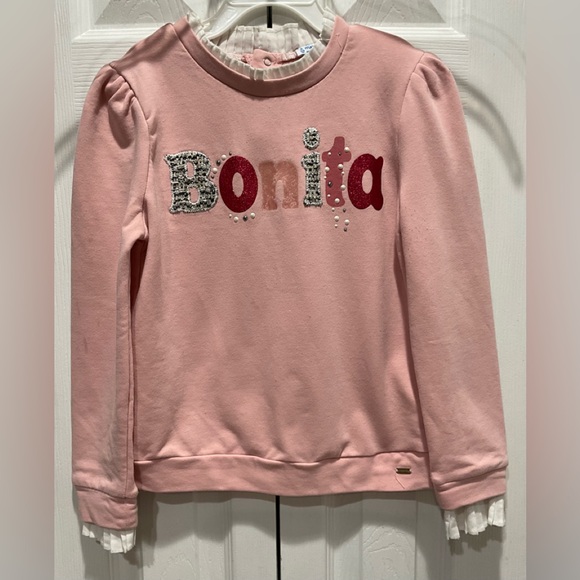🍎Mayoral Girl’s Dust Pink 3D Decor, Ruffles Neck/ Cuff Jersey Shirt, S… - Picture 1 of 8